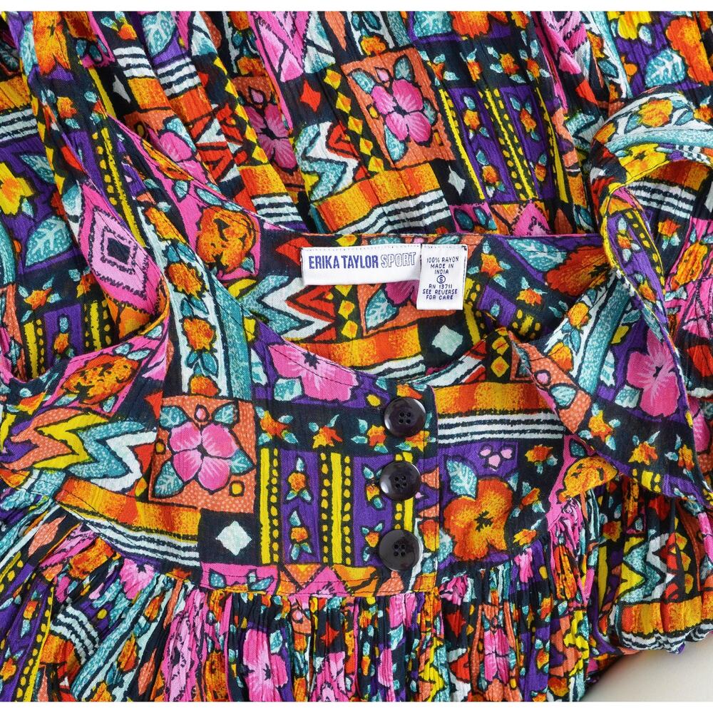Vintage 90s Rayon Gauze Patchwork Dress Boho Artsy Mixed Print Pocket Dress S - Picture 9 of 9